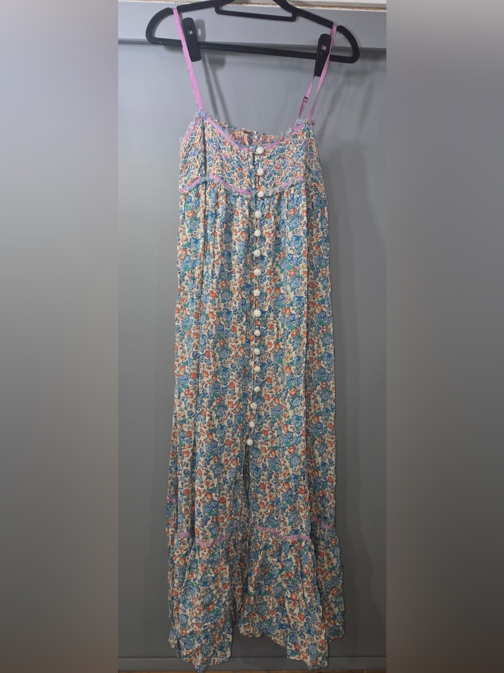 Free People Molly Jo Floral Button-Front Maxi Skirt in Blue, Cream, Coral
